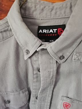 Ariat Light Gray Button-Down Work Shirt with Red Logo Accent. Flame Resistant